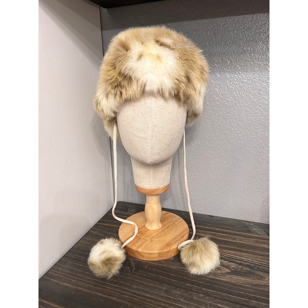Vintage Preston & York Faux Fur Animal Print Pom Pom Hat Tan Cream